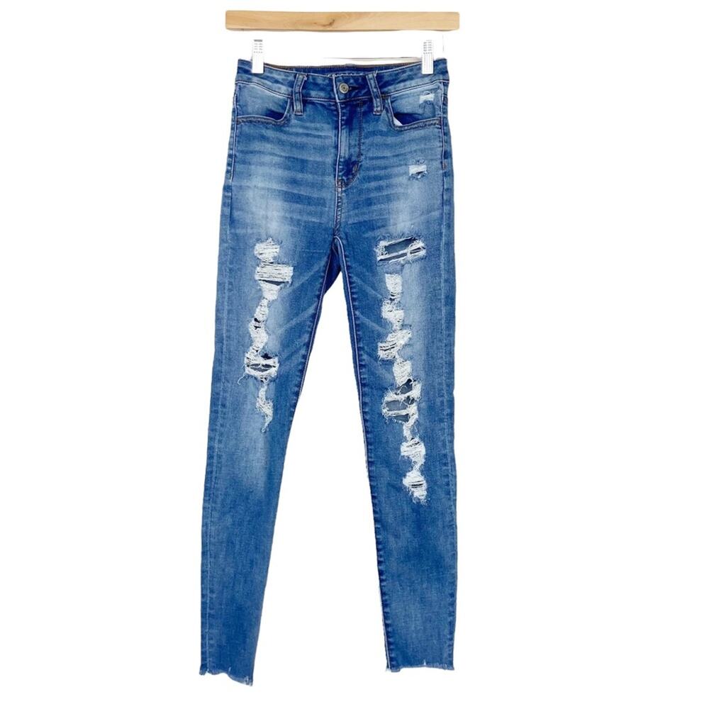 American Eagle Super High Rise Distressed Jegging Skinny Jeans Sz 0